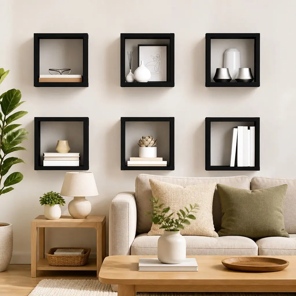 Wall Cube Shelves Black 6 Piece Floating Storage Display Organizer