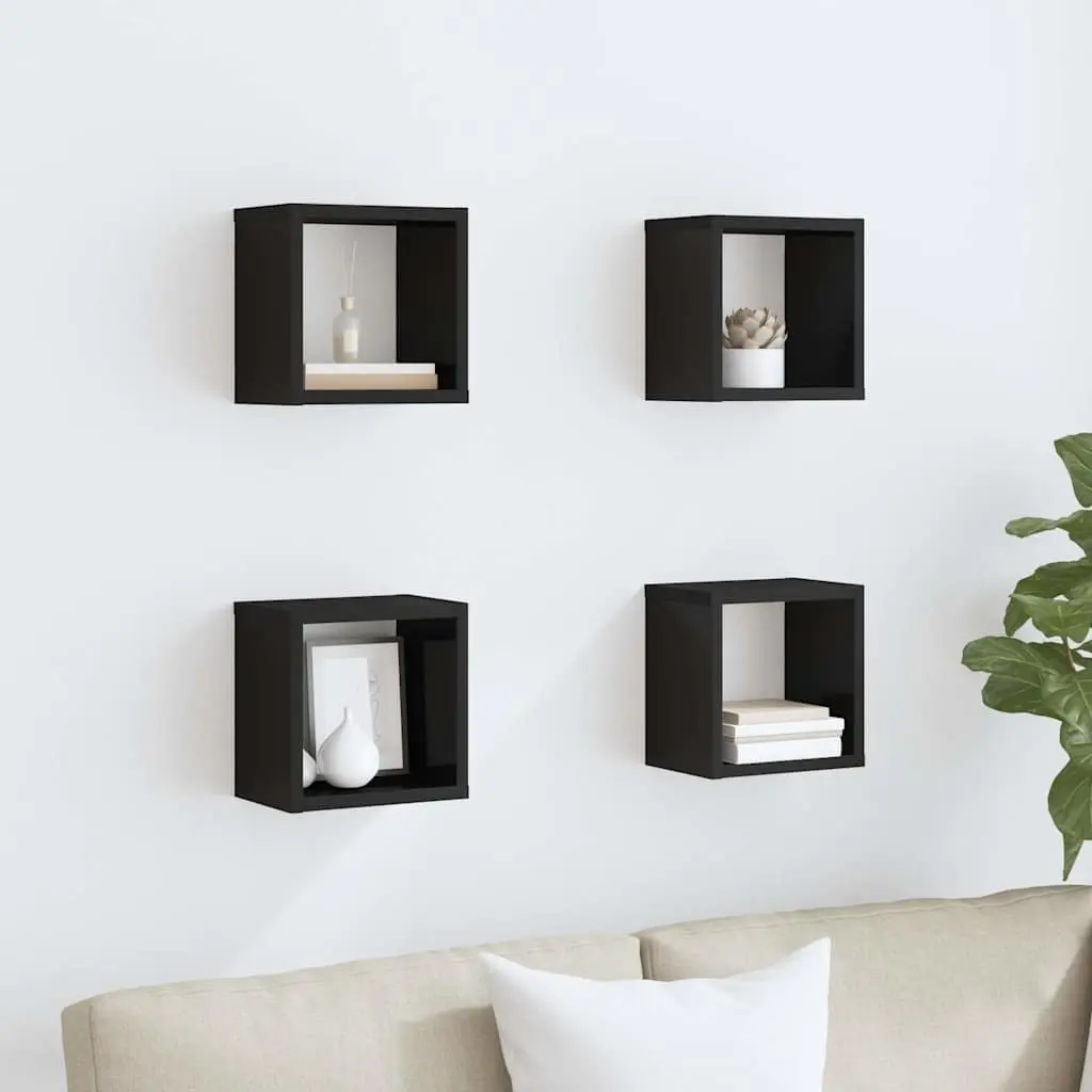 Wall Cube Shelves Black 22x15x22cm Floating Storage Display 4 Piece Set