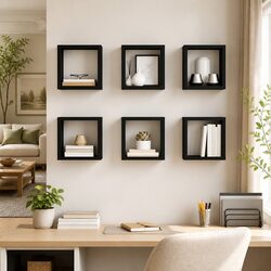 Black Floating Cube Shelves, Set of 6 for Storage