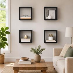 Wall Cube Shelves 4 Pieces Grey Floating Storage Display Home Decor Living Room