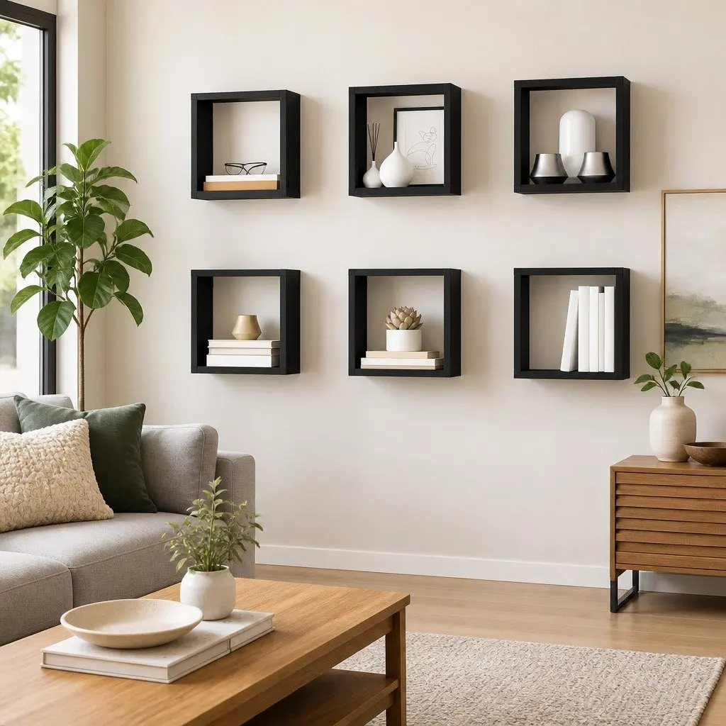 Wall Cube Shelves Grey 6 Piece Set Floating Storage Display Home Decor