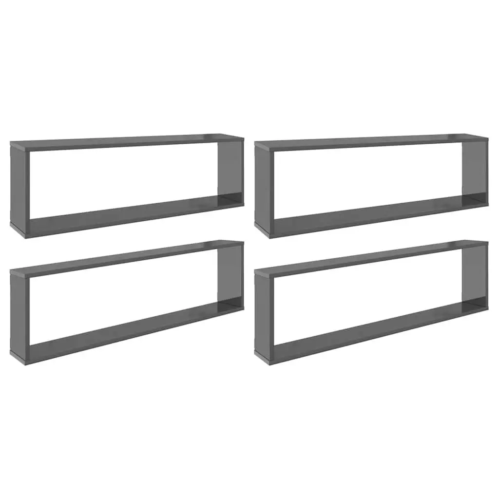 High Gloss Grey Wall Cube Shelves 4 Piece Floating Storage Organiser Display