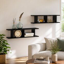 Wall Shelves 2 Piece Set Black Floating Display Cube Shelf Living Room Bedroom