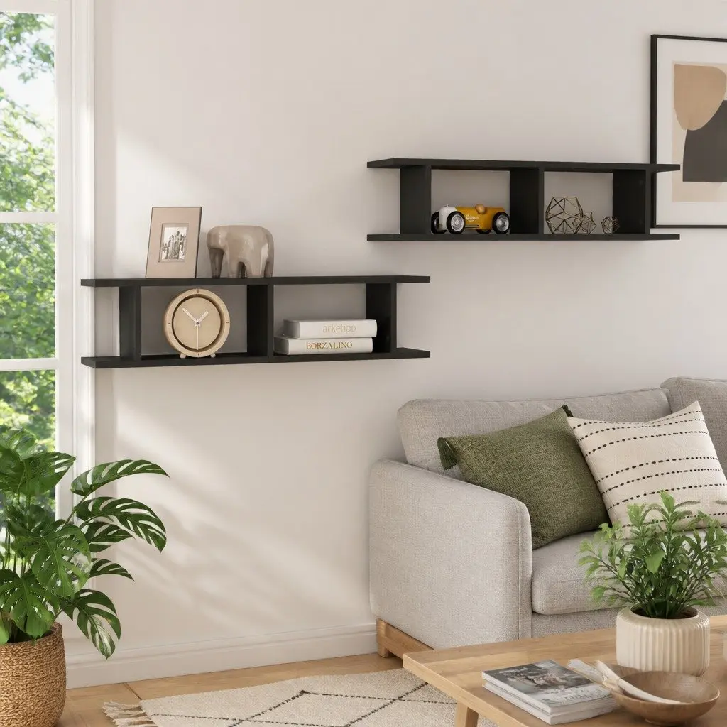 Wall Shelves Grey 90 x 18 x 20 cm Floating Display Cube Storage 2 Pieces