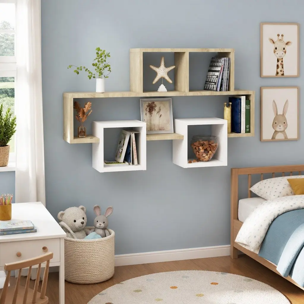 Car-Shaped Wall Shelf White Sonoma Oak Engineered Wood Open Compartments Storage Display Organizer