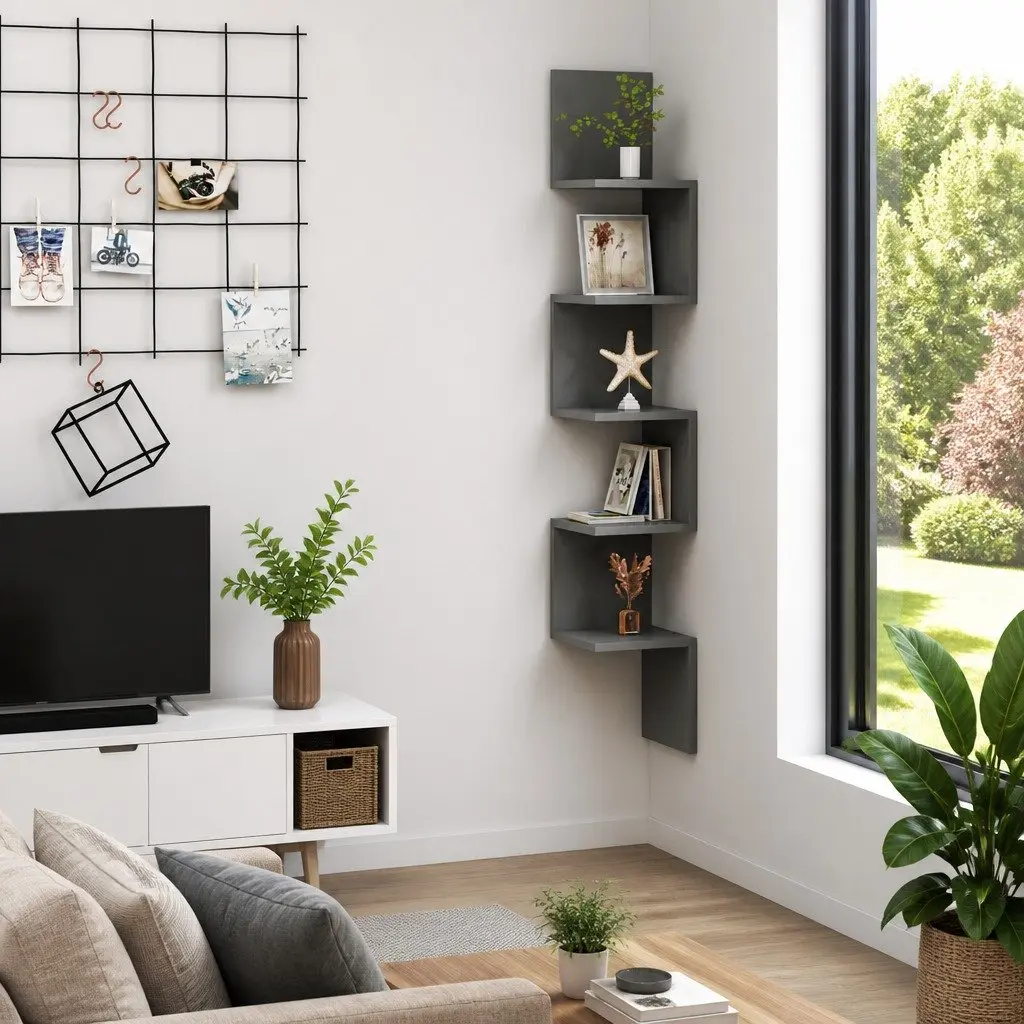 Wall Corner Shelf Grey 20 x 20 x 127.5 cm Sturdy Storage Display Unit for Living Room Bedroom Kitchen