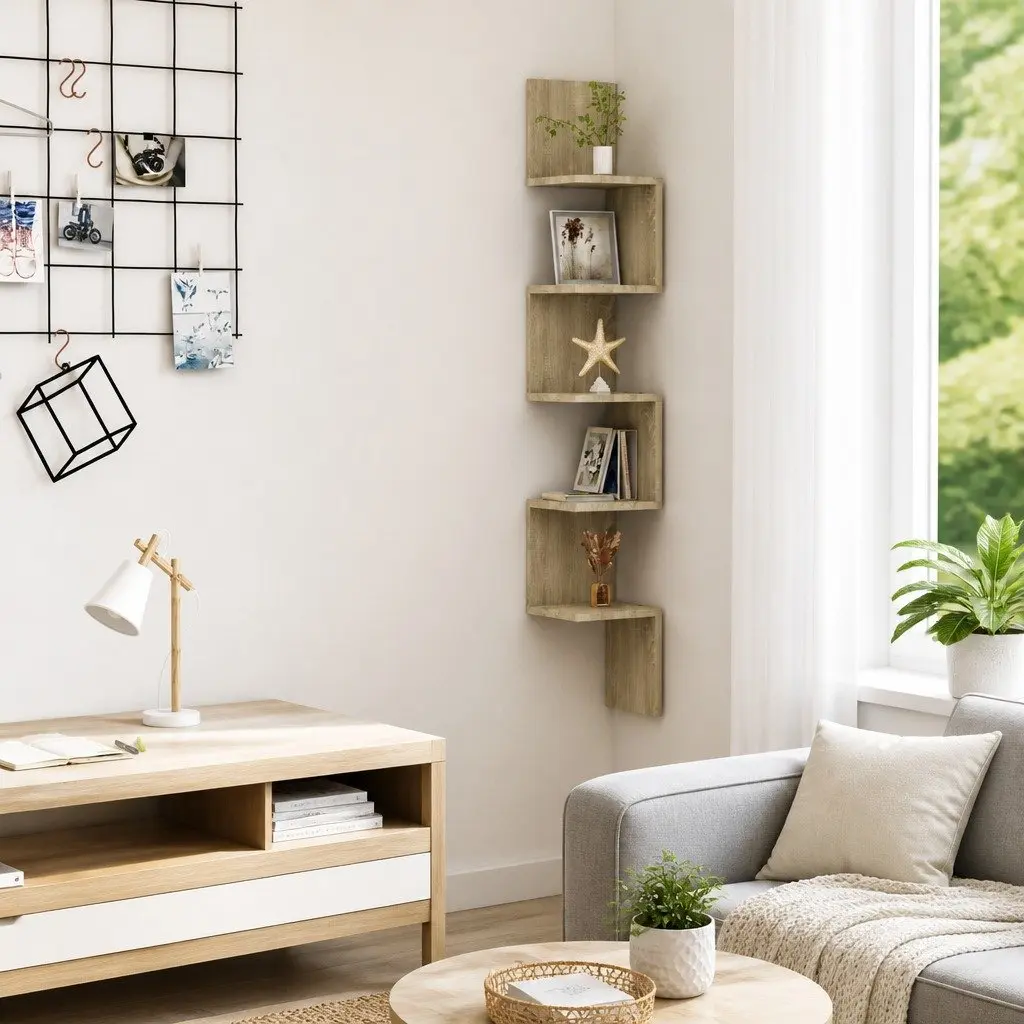 Wall Corner Shelf Brown Engineered Wood Hanging Display Shelving Living Room