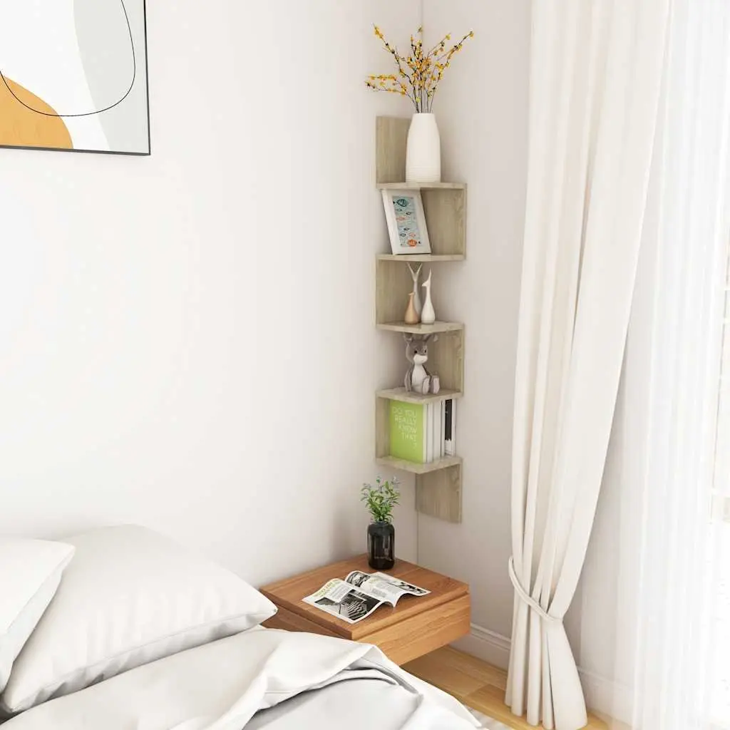 Wall Corner Shelf Brown Engineered Wood Hanging Display Shelving Living Room
