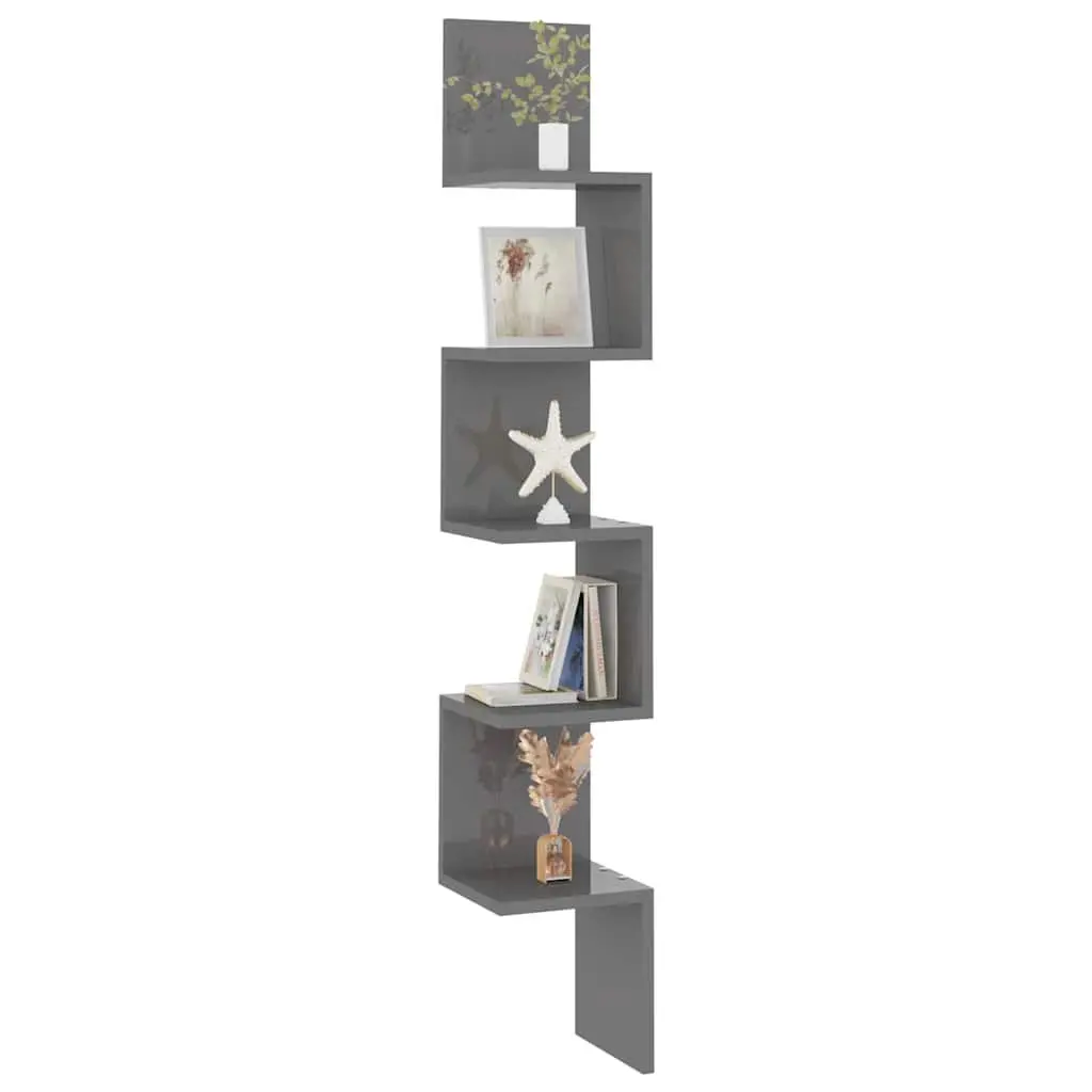 Corner Shelf Grey High Gloss Engineered Wood 20x20x127.5cm Sturdy Display Storage for Living Room Bedroom Kitchen