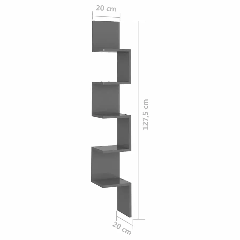 Corner Shelf Grey High Gloss Engineered Wood 20x20x127.5cm Sturdy Display Storage for Living Room Bedroom Kitchen