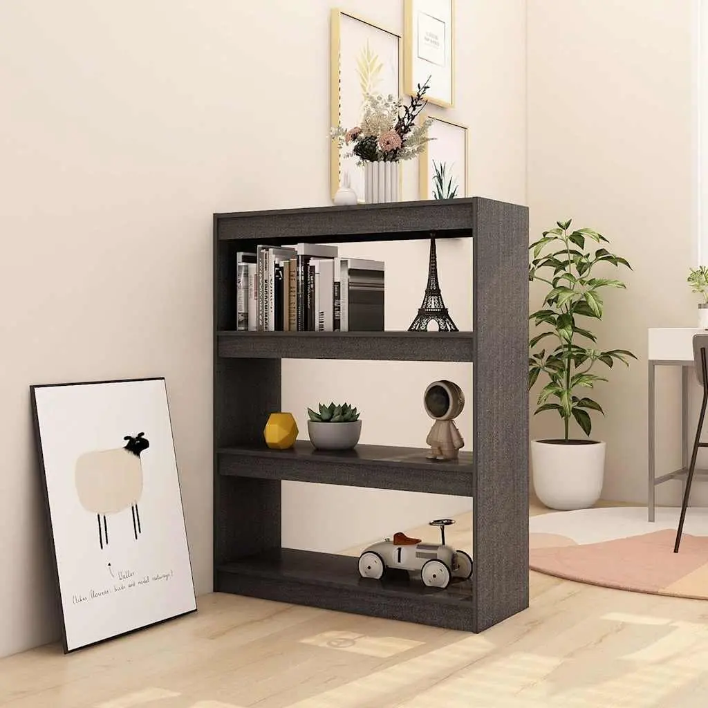 Wooden Book Cabinet Grey 100W x 30D x 103H cm Solid Pinewood Storage Room Divider