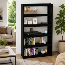 Black Solid Pinewood Bookshelf Room Divider - Efficient Design