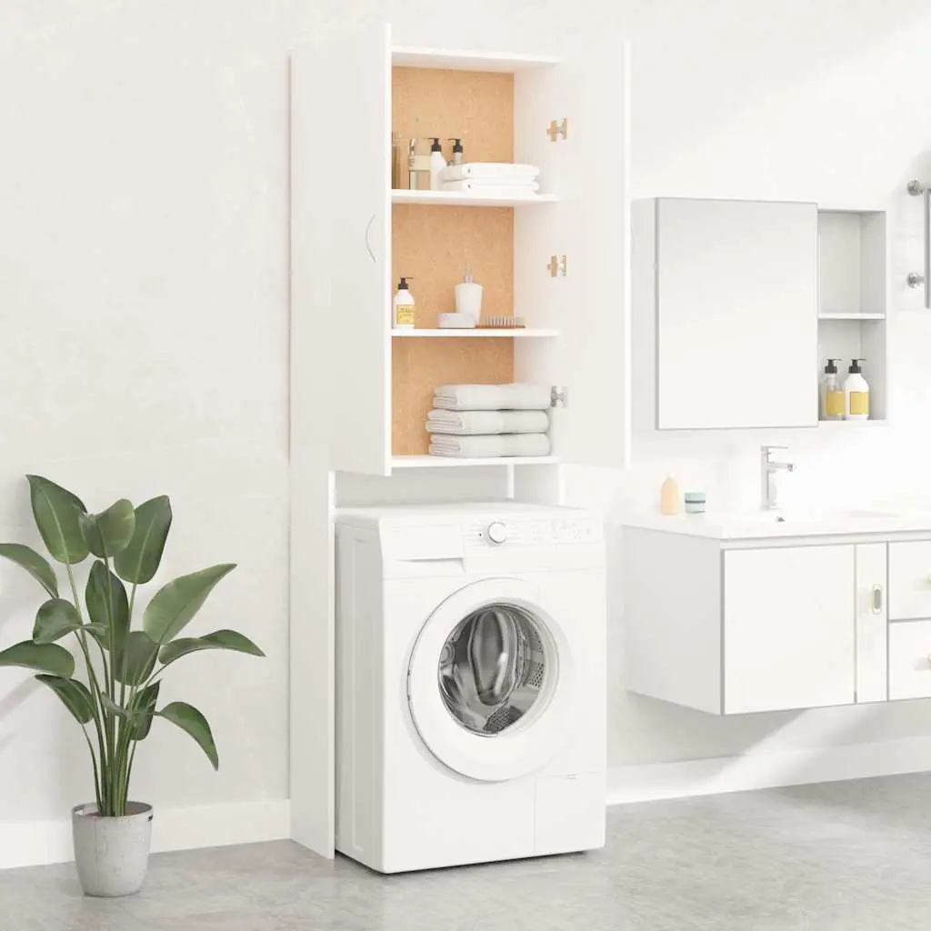 White Tall Washing Machine Cabinet Storage Laundry Bathroom Organiser