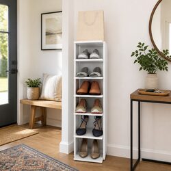 Shoe Cabinet White Engineered Wood Storage Organiser 6 Shelves Compact Narrow