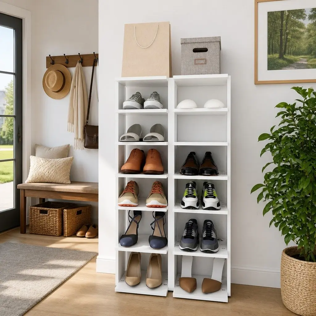 Shoe Cabinet White 27.5x27x102cm Engineered Wood 6 Shelves Narrow Corner