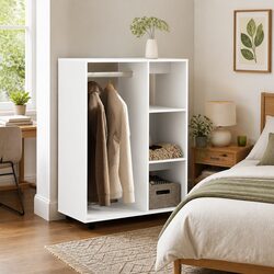 Compact White Wardrobe with Wheels and Shelves