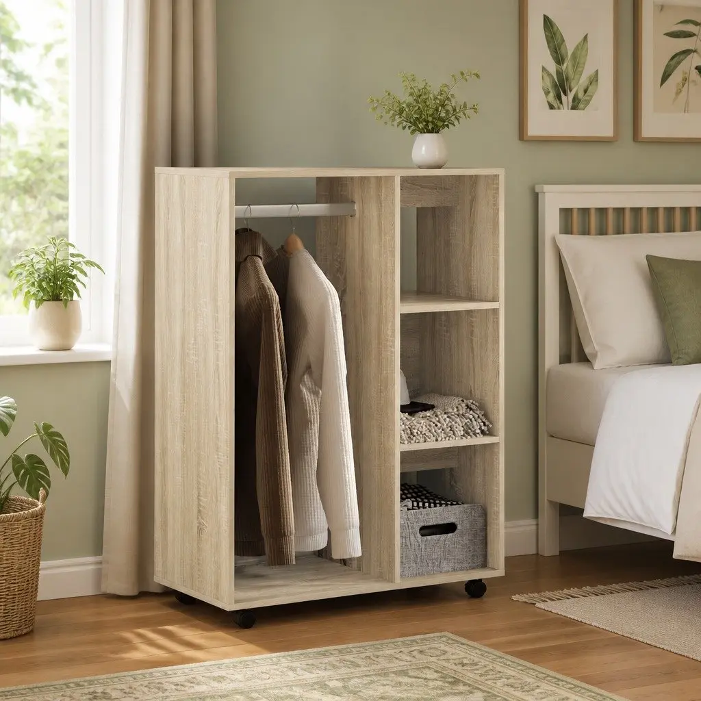 Engineered Wood Wardrobe Brown 80W x 40D x 110H cm Open Compartment with Wheels