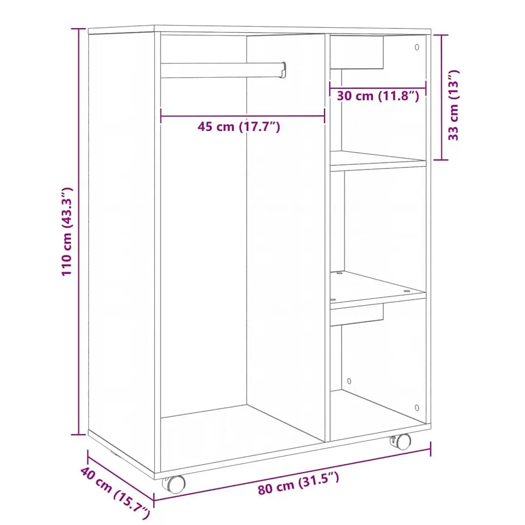 Engineered Wood Wardrobe Brown 80W x 40D x 110H cm Open Compartment with Wheels