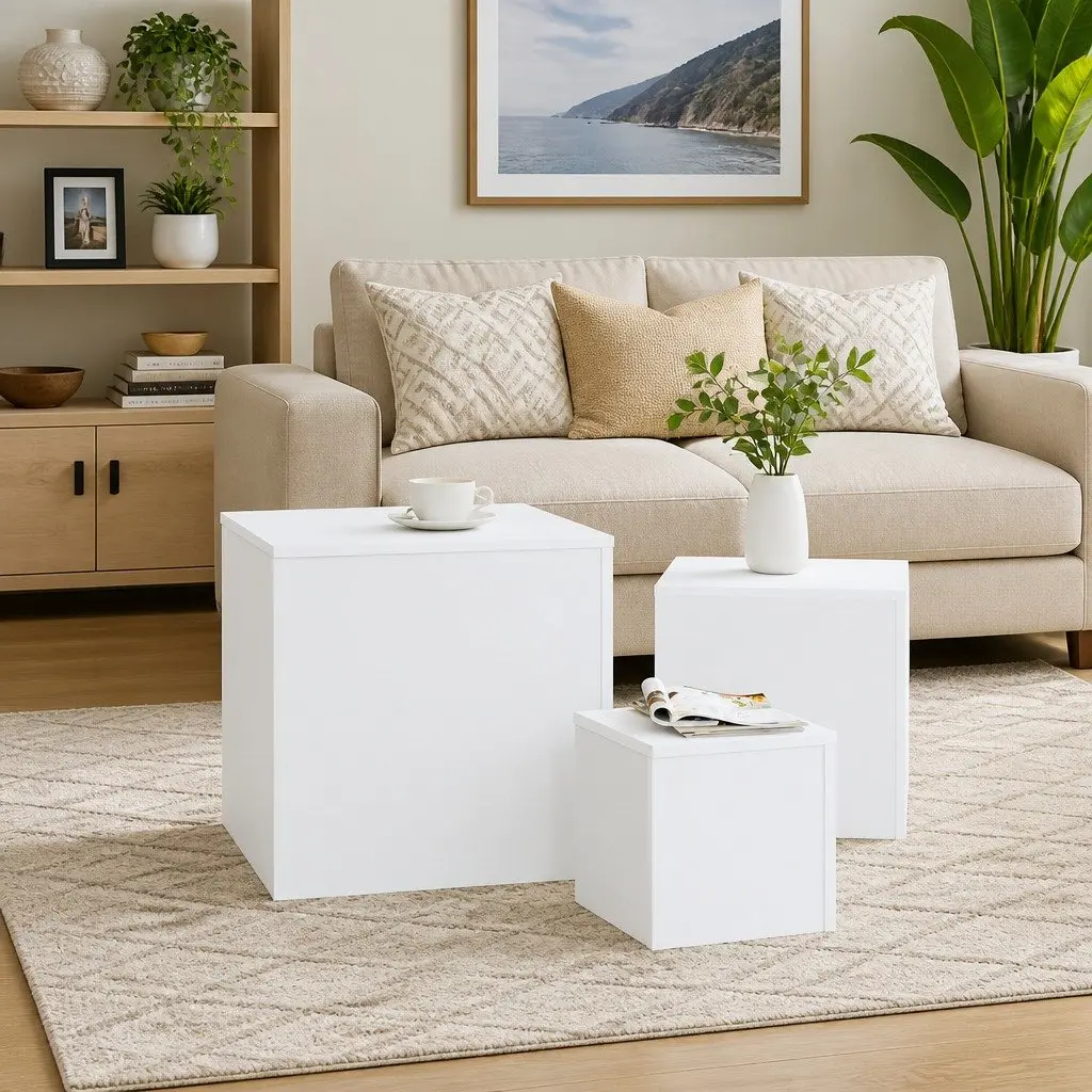 Accent Side Tables Set of 3 White Engineered Wood for Living Room Bedroom Sofa Plant