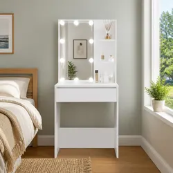 Concise White Dressing Table with LED Mirror Lighting