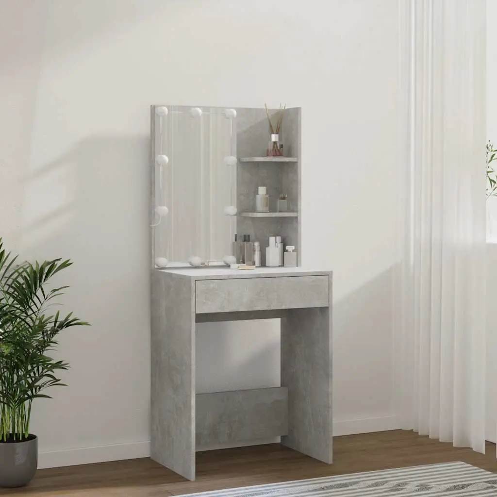 Dressing Table with LED Mirror Grey Makeup Vanity Storage Shelves Drawer