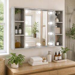 Mirror Cabinet with LED Lights Wall-Mounted Bathroom Storage Grey 76x15x55cm