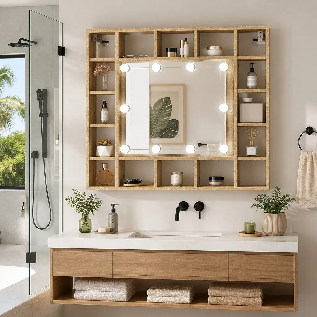 Bathroom Cabinet Brown Wall-Mounted with LED Lights and Mirror