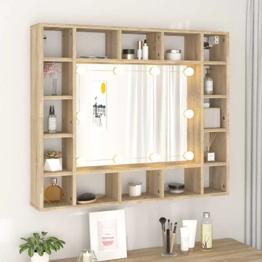 Bathroom Cabinet Brown Wall-Mounted with LED Lights and Mirror