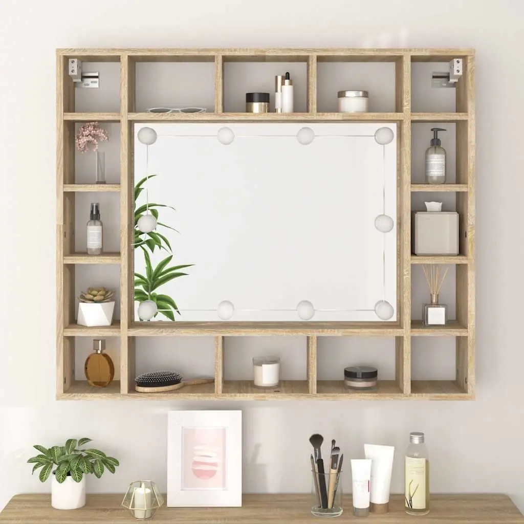 Bathroom Cabinet Brown Wall-Mounted with LED Lights and Mirror