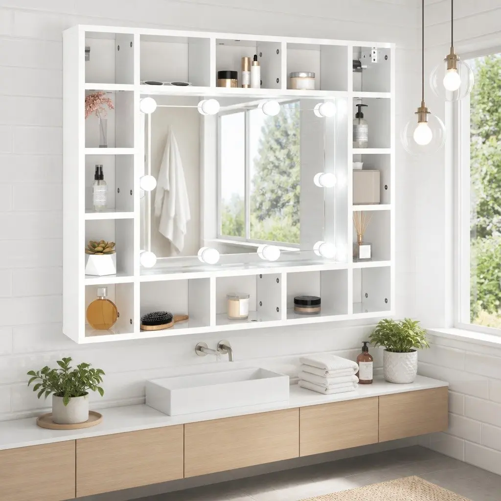 Bathroom Cabinet White 91x15x76.5cm LED Mirror Wall-Mounted Storage