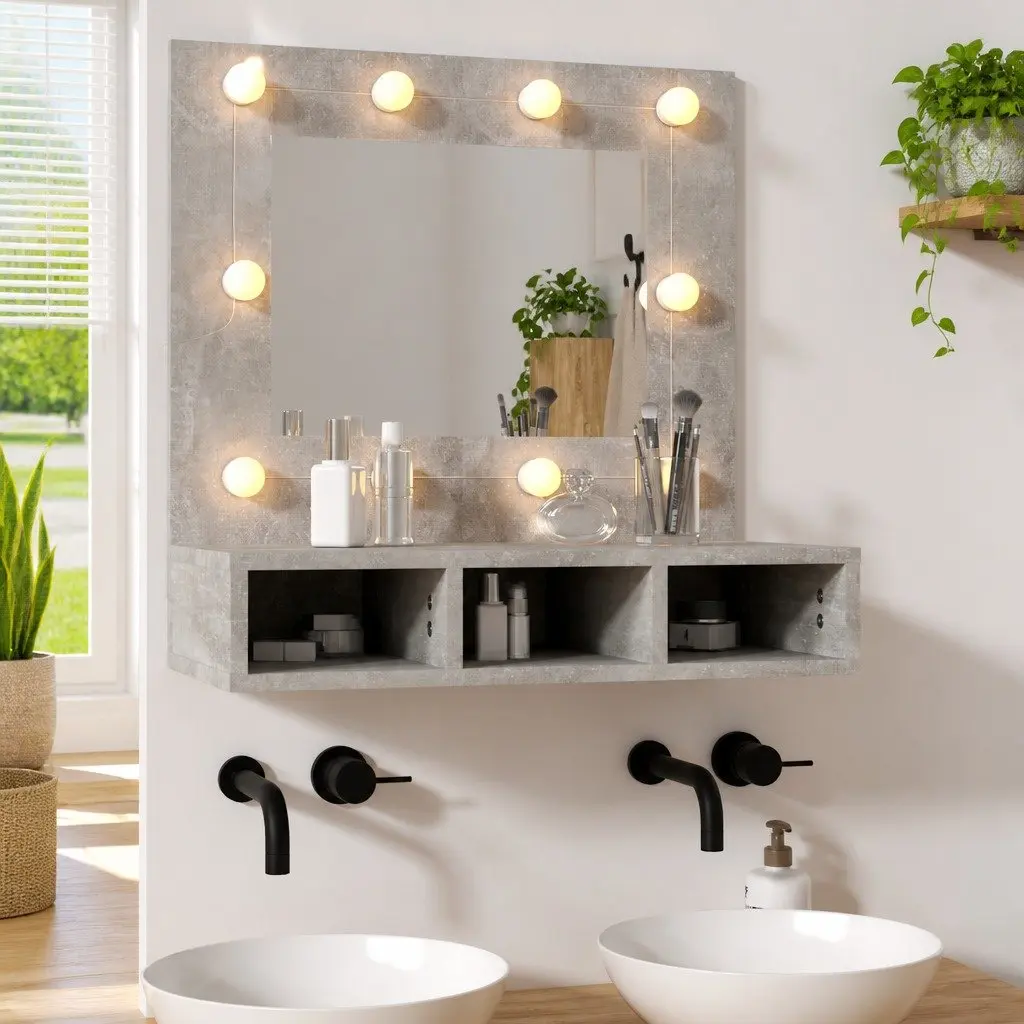 Mirror Cabinet Grey 60x31.5x62cm LED Light Wall Mounted Storage Shelves