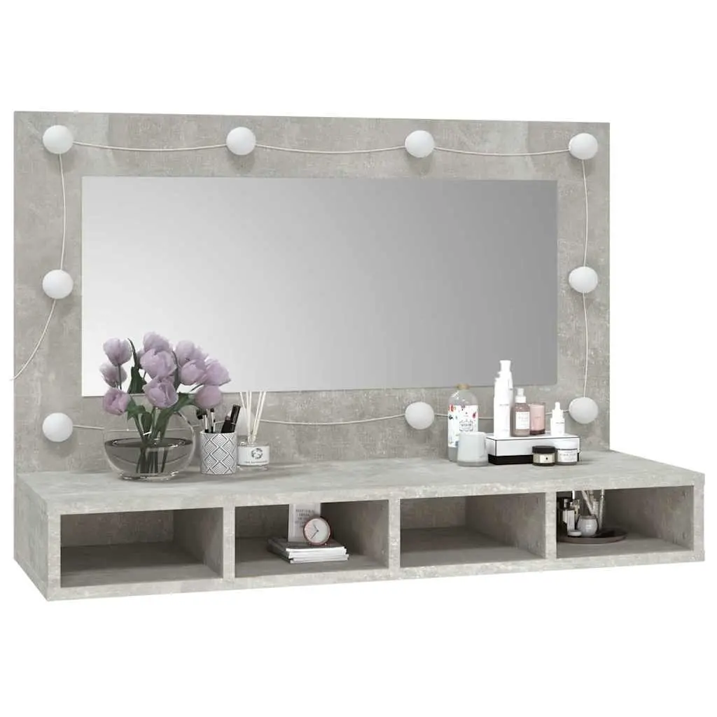 LED Mirror Cabinet Concrete Grey Bathroom Vanity Storage with USB Mode Switching and 4 Open Shelves