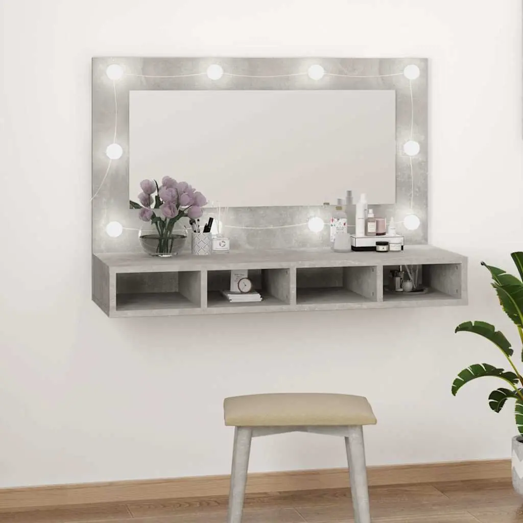 LED Mirror Cabinet Concrete Grey Bathroom Vanity Storage with USB Mode Switching and 4 Open Shelves
