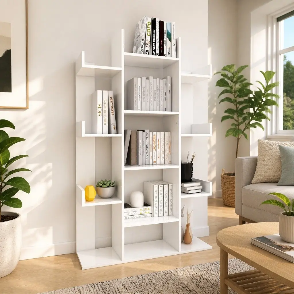 White Bookshelf 13 Compartment Storage Unit Engineered Wood for Organizing Books and Decorations