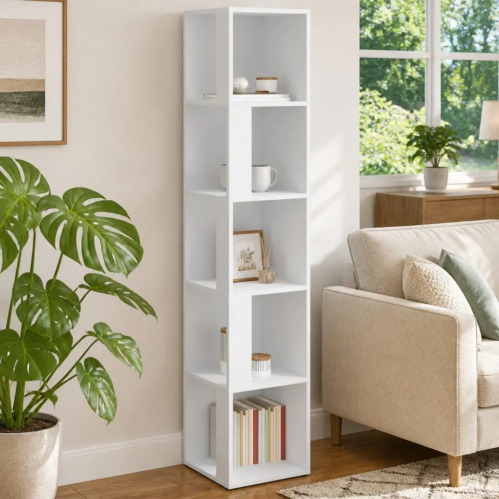White Corner Cabinet 5 Compartments 33x33x165cm Compact Storage Unit for Living Room