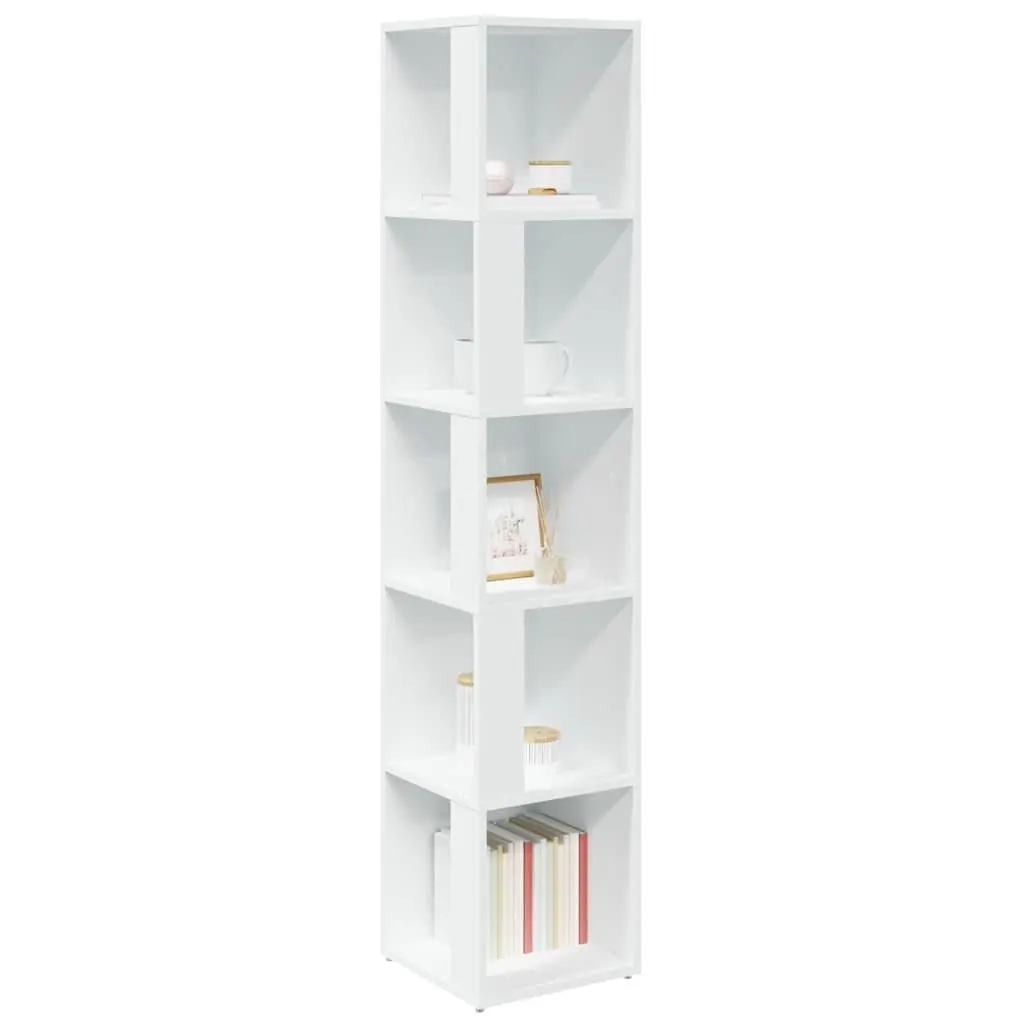 White Corner Cabinet 5 Compartments 33x33x165cm Compact Storage Unit for Living Room