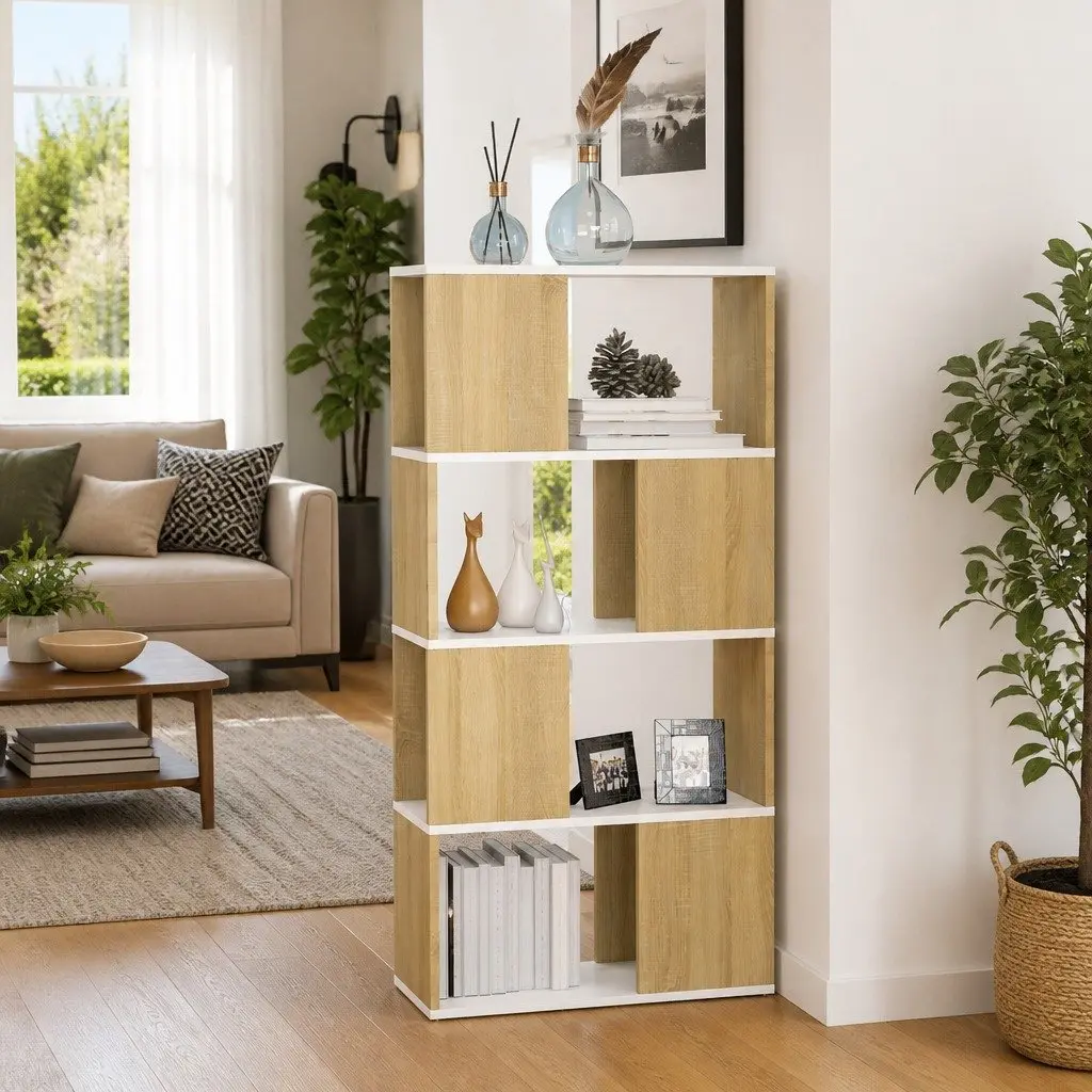 Book Cabinet Beige 60W x 24D x 124.5H cm 4 Compartment Room Divider Shelving Unit