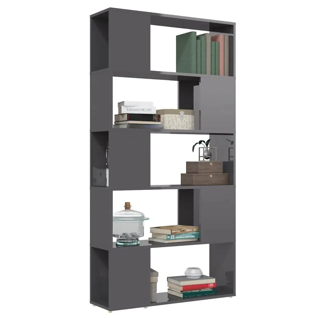 Book Cabinet Room Divider High Gloss Grey 80x24x155cm Sturdy Construction 5 Spacious Compartments