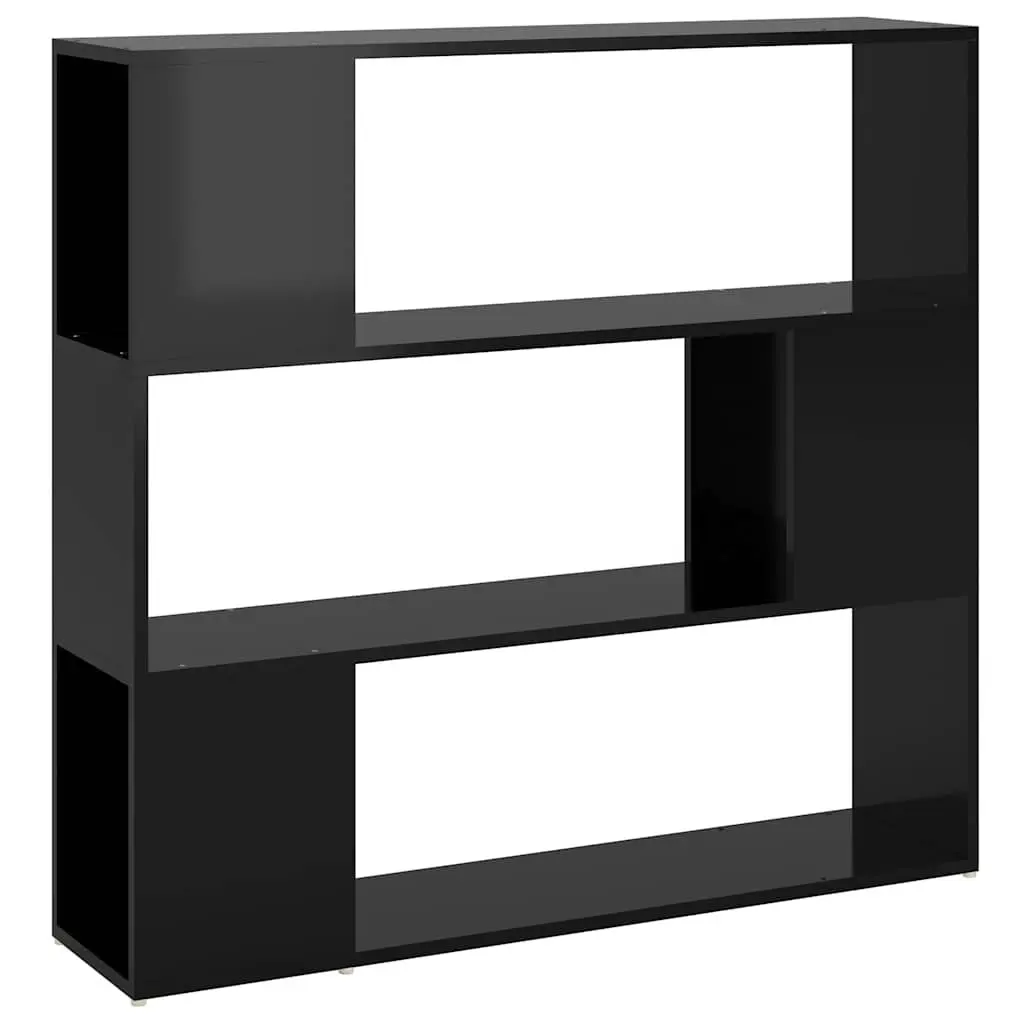 High Gloss Black Bookshelf Storage Divider 100W x 24D x 94H cm with 3 Compartments for Books and Decorative Items