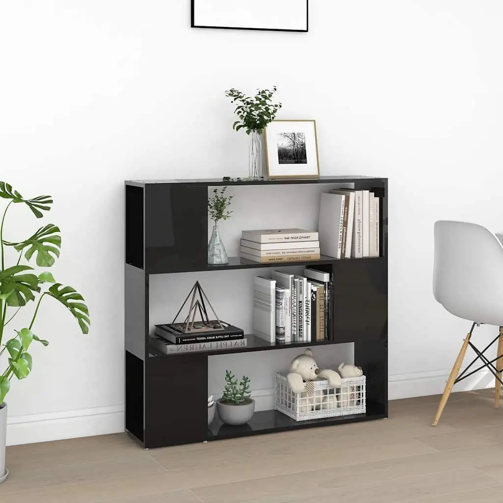 High Gloss Black Bookshelf Storage Divider 100W x 24D x 94H cm with 3 Compartments for Books and Decorative Items