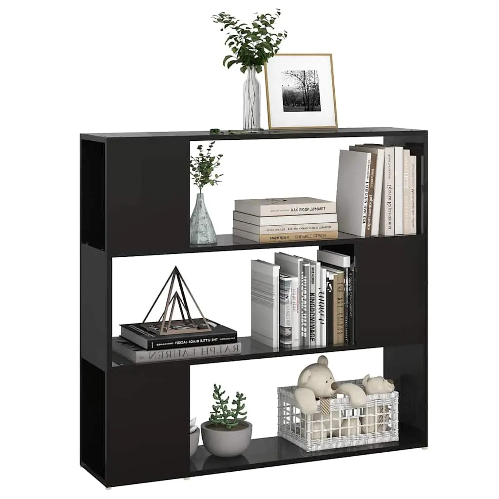 High Gloss Black Bookshelf Storage Divider 100W x 24D x 94H cm with 3 Compartments for Books and Decorative Items