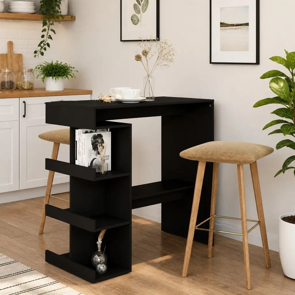 Bar Table Black Compact with Storage Racks High Top Counter