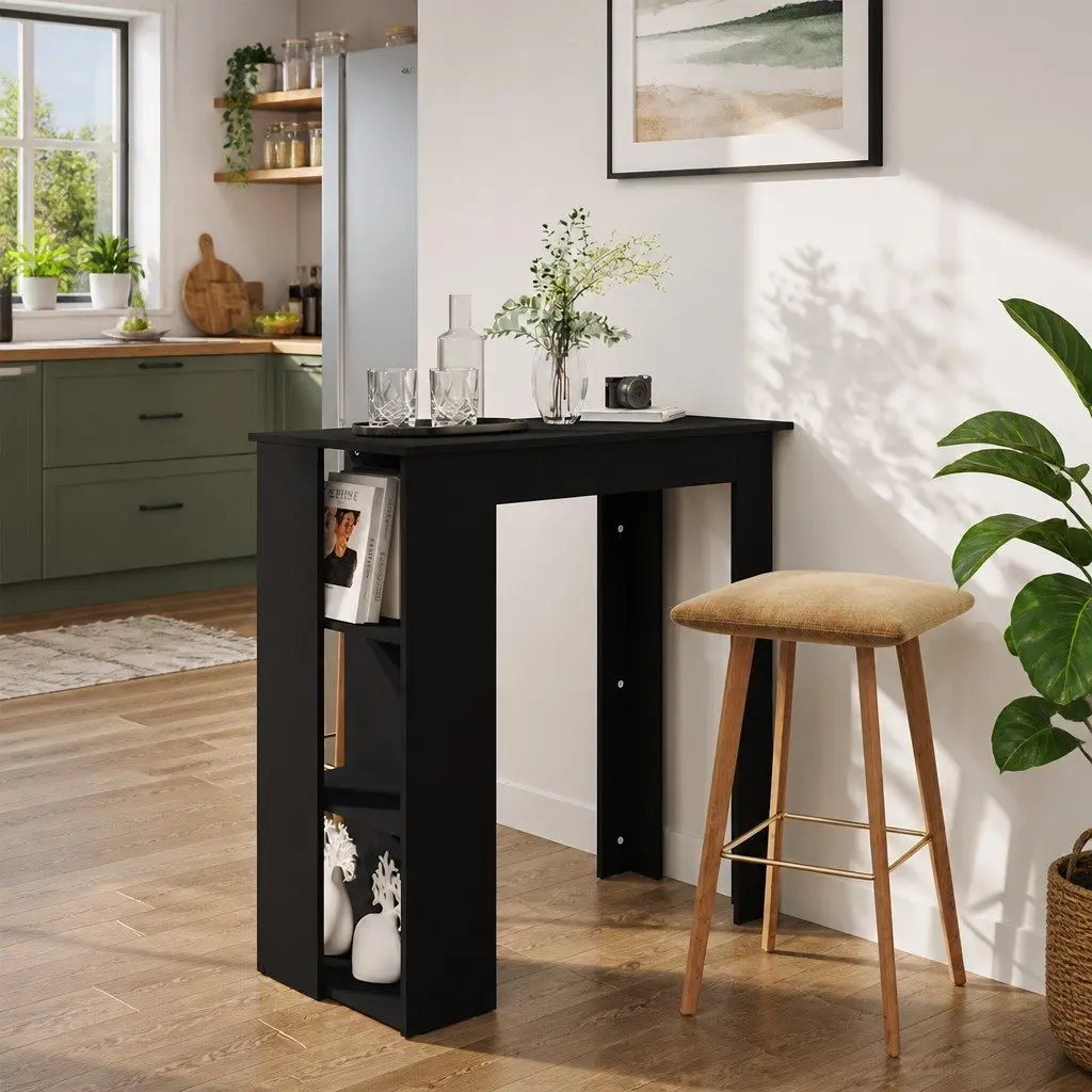 Bar Table Black Compact with 3 Storage Shelves