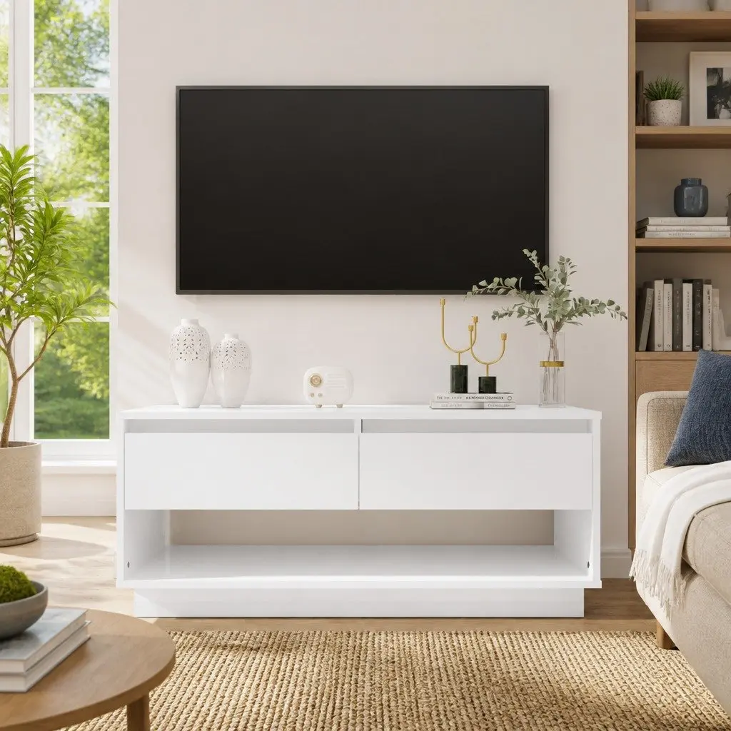 TV Cabinet White High Gloss Lowboard 102cm Durable Storage Unit with Drawers