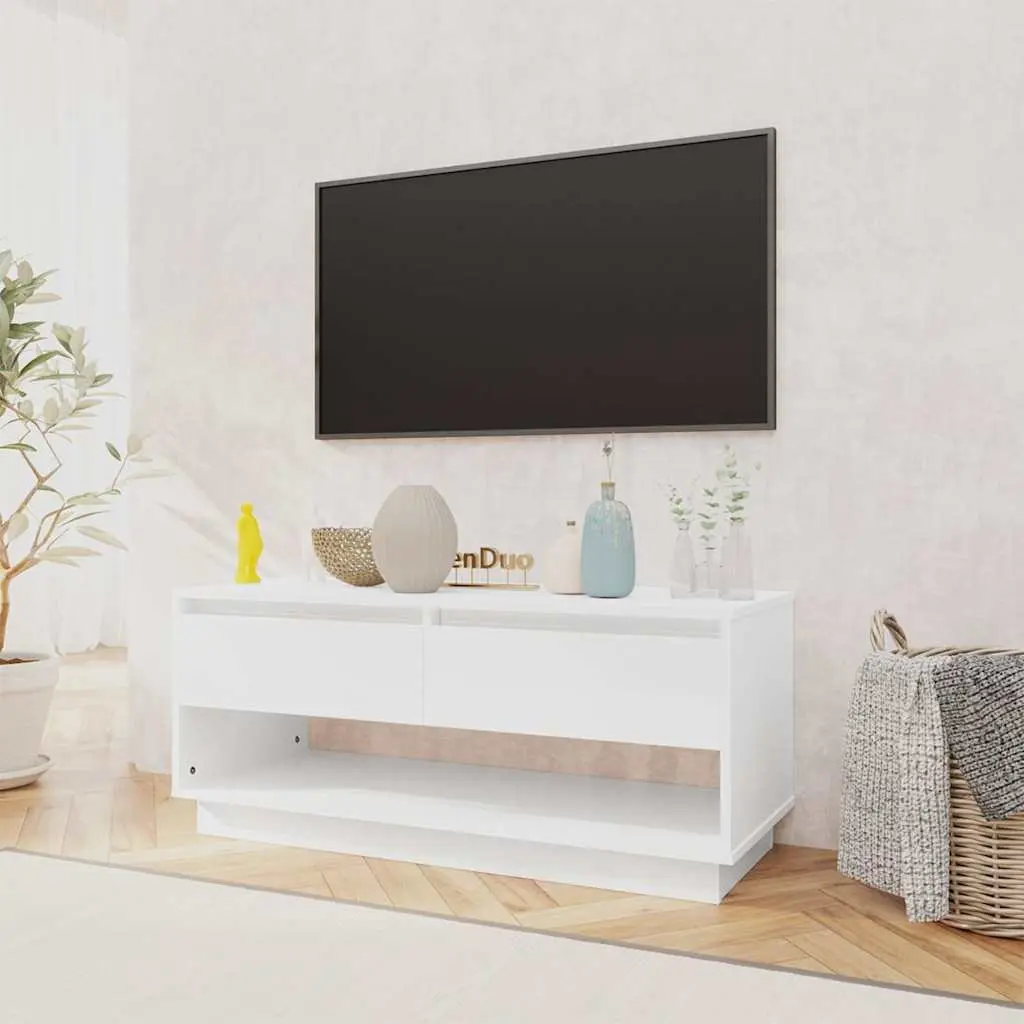 TV Cabinet White High Gloss Lowboard 102cm Durable Storage Unit with Drawers