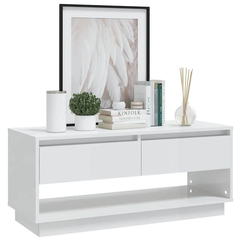 TV Cabinet White High Gloss Lowboard 102cm Durable Storage Unit with Drawers