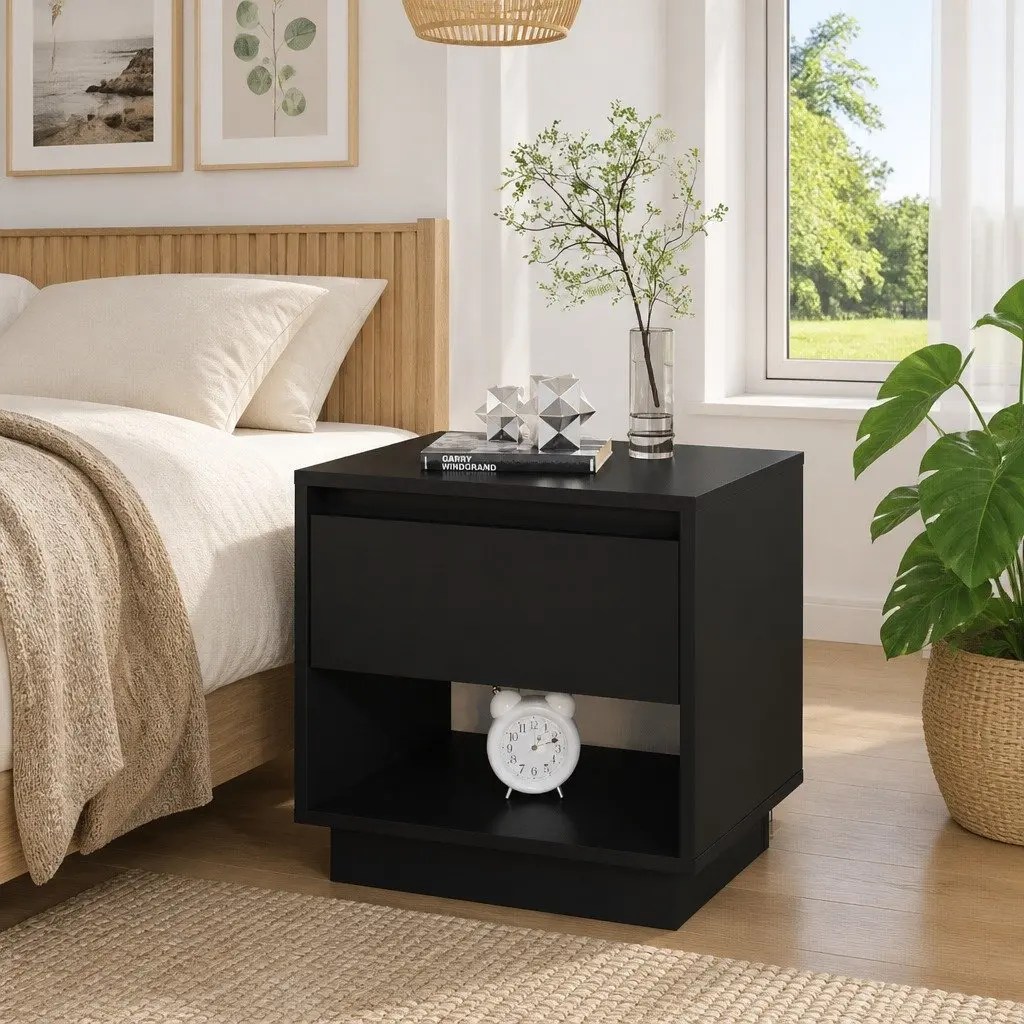 Bedside Table Black Compact Sturdy Construction Drawer Open Compartment