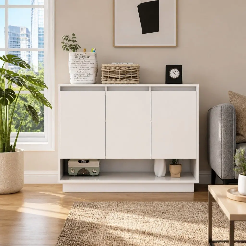 Sideboard High Gloss White 3 Door Storage Cabinet Open Compartment Living Room