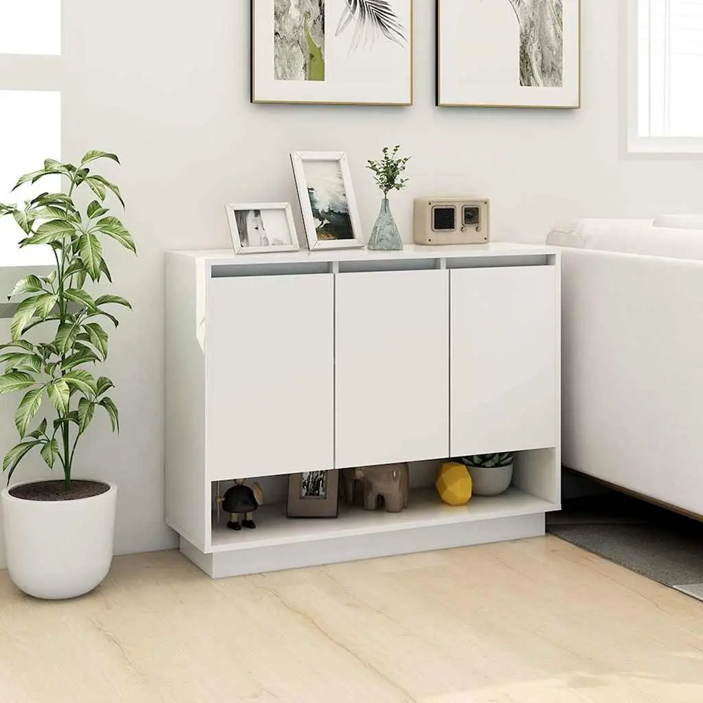 Sideboard High Gloss White 3 Door Storage Cabinet Open Compartment Living Room