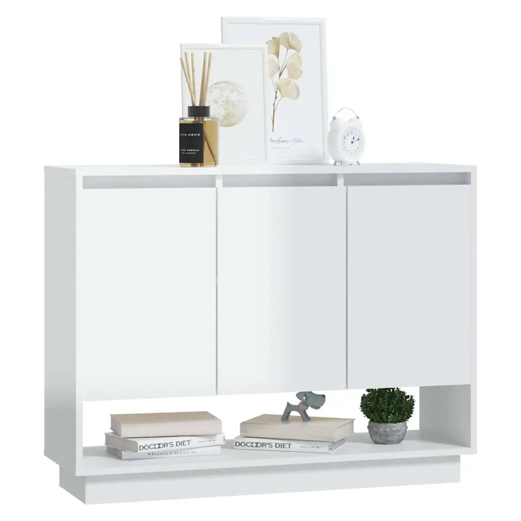 Sideboard High Gloss White 3 Door Storage Cabinet Open Compartment Living Room